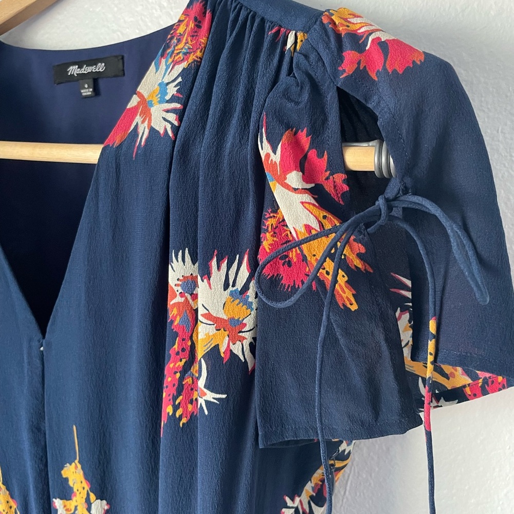 Madewell Printed Mini Dress with Tie Sleeves, Navy, 4
